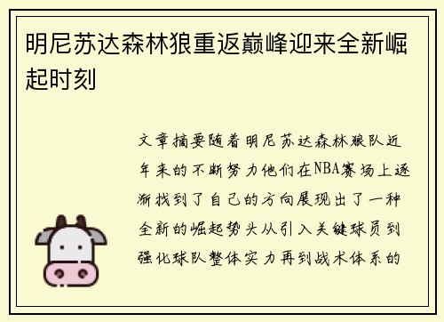 明尼苏达森林狼重返巅峰迎来全新崛起时刻